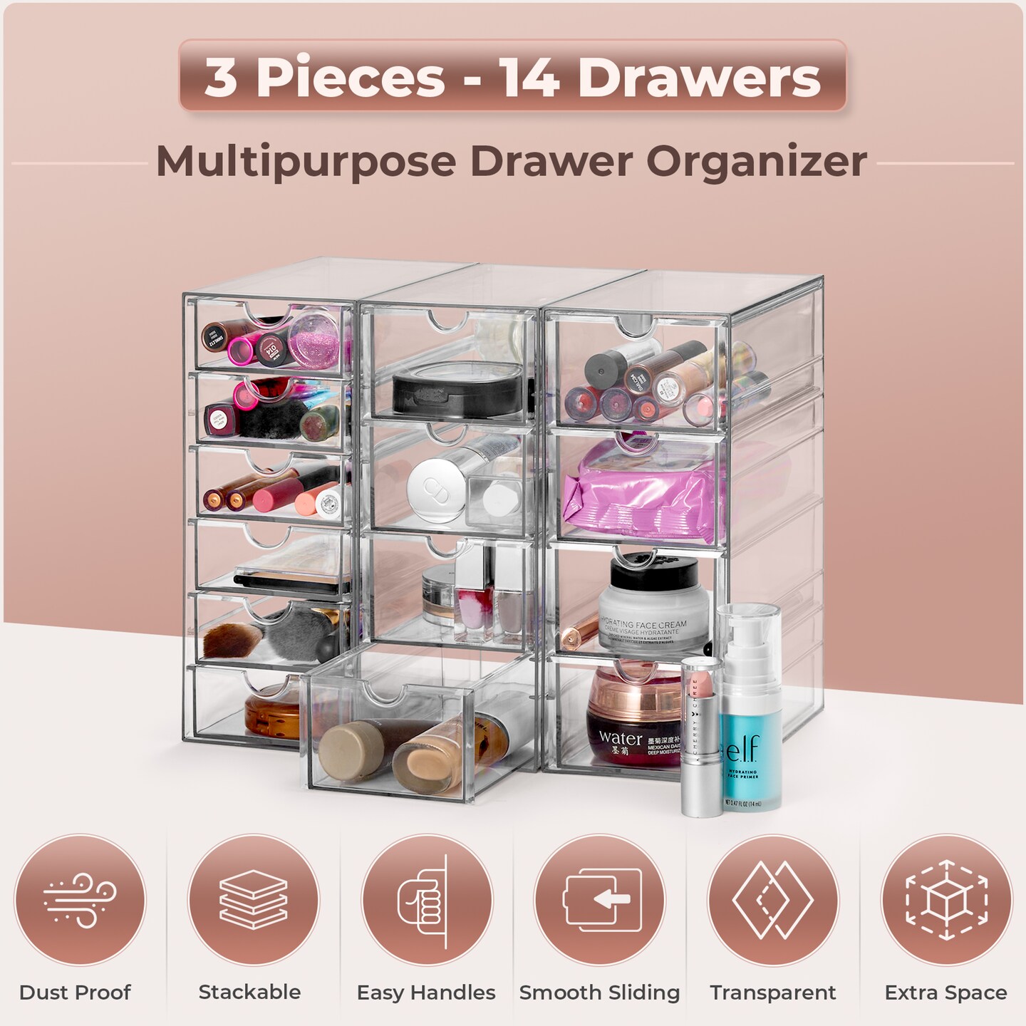 Sorbus 14 Drawers Acrylic Organizer for Makeup, Organization and Storage, Art Supplies, Jewelry, Stationary - 3 Pcs Clear Stackable Storage Drawers
