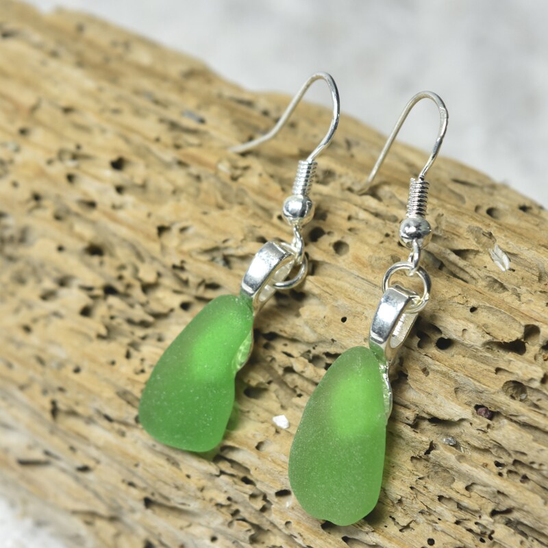 Pair of Genuine Surf Tumbled Dangling  Green Sea Glass Earrings - (1 Set) - Made to Order product 5