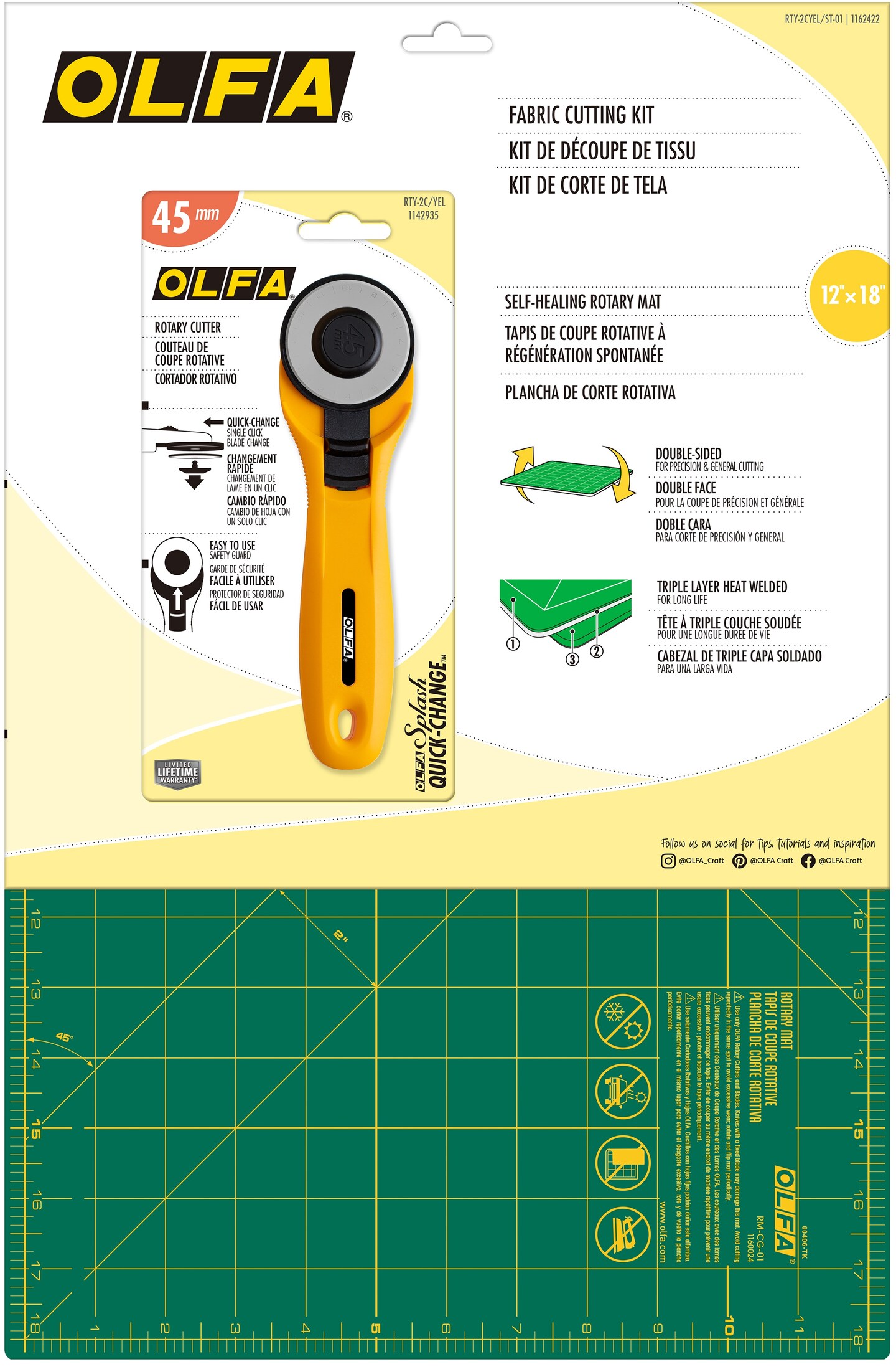 OLFA Fabric Cutting Kit-Green Mat/Yellow Rotary Cutter