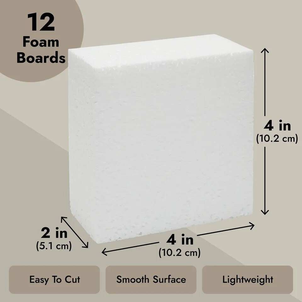 12-Pack Sculpting Foam Blocks for DIY Arts and Craft, White, 4 x 4 x 2"