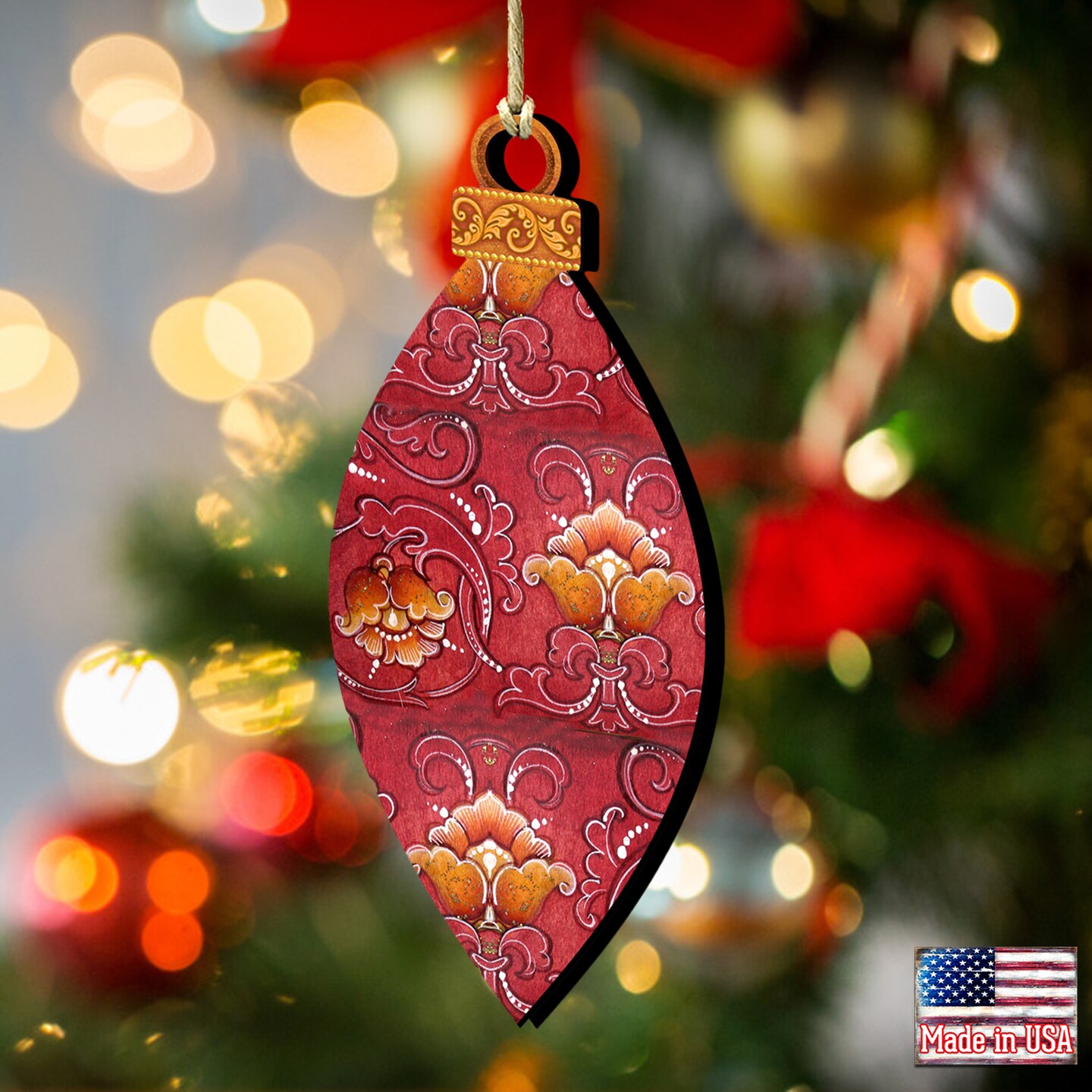 Designocracy Handcrafted Floral Wooden Drop Ornaments 5.5&#x22; - Red - Set of 2