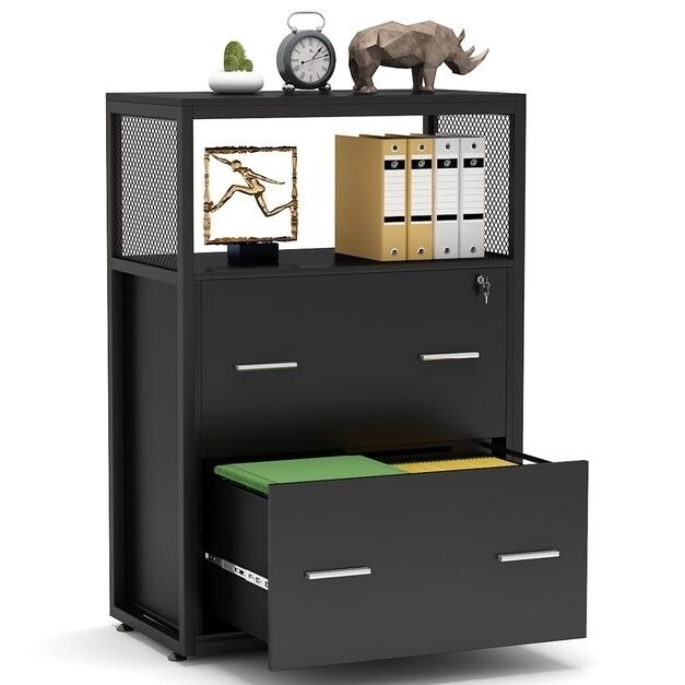 Tribesigns Lateral File Cabinet 2 Drawer Lockable Printer Stand Open Storage Shelves