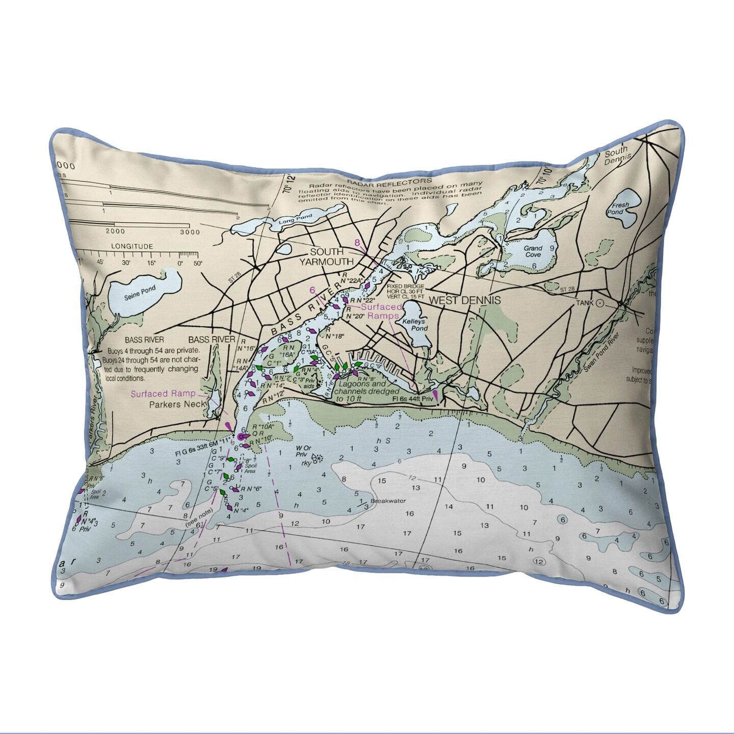 Bass River, MA Nautical Map Pillow 20x24 &#x2013; Extra Large Zippered