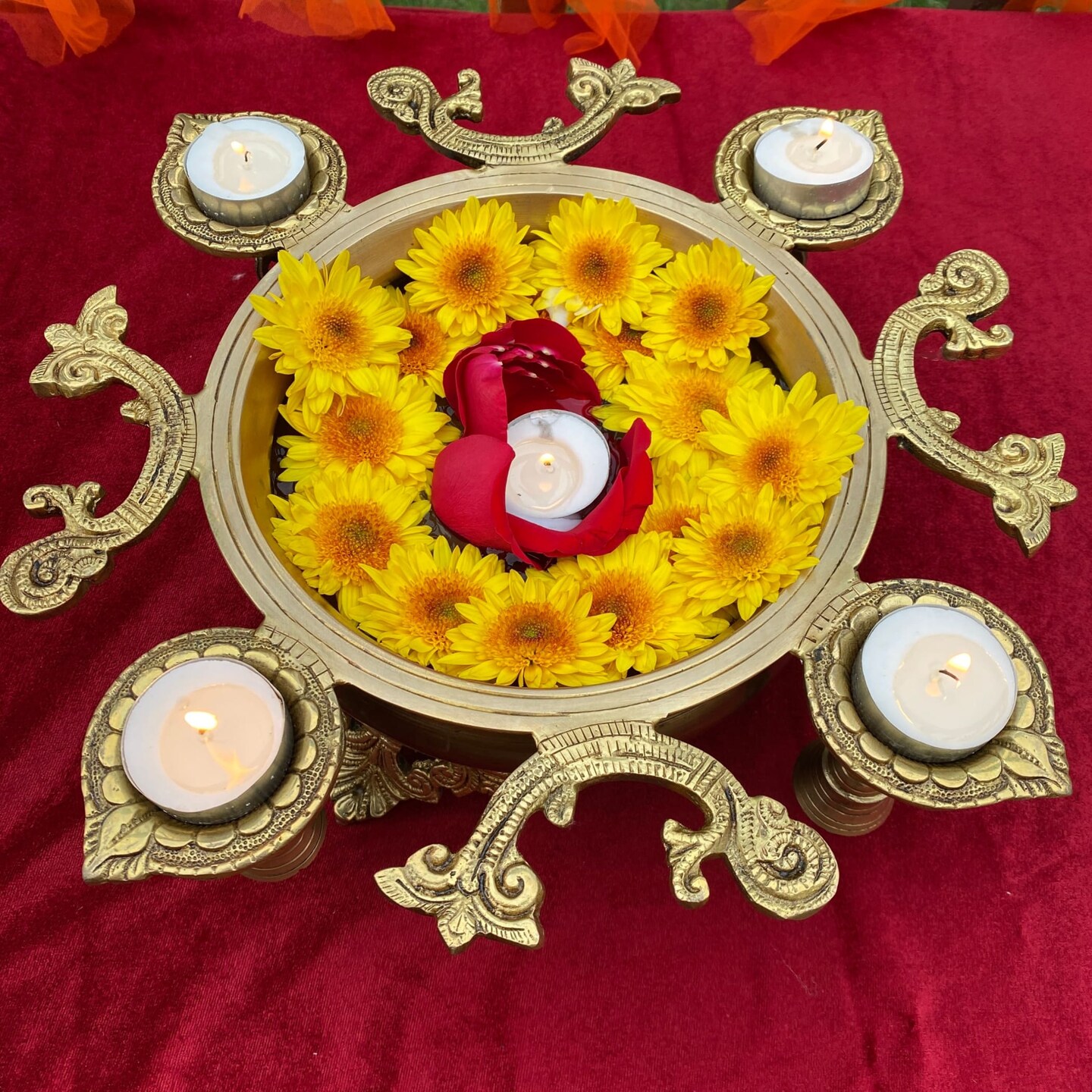 Brass Urli Bowl with Diya Bells 4.25 Inch Flower Decorative Urli Bowls for Floating Flowers Tea Light Candles Home Office Table Decor Diwali Decoration Indian Ethnic Showpiece Item (4 Diya)