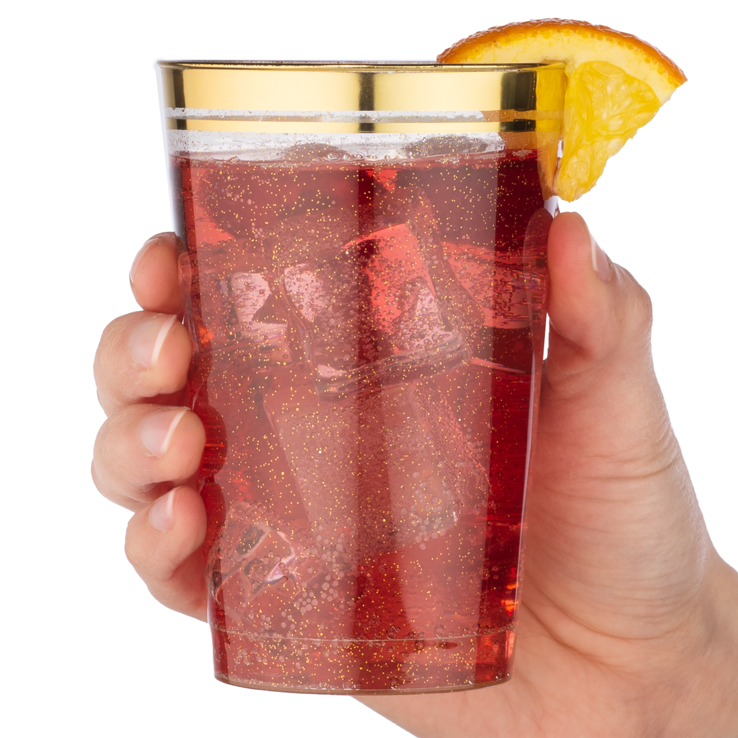 100ct. Cups Glitter-Gold Rim Plastic Disposable Glasses, Elegant Parties, Special Events, Weddings 12, 14, or 16 oz.