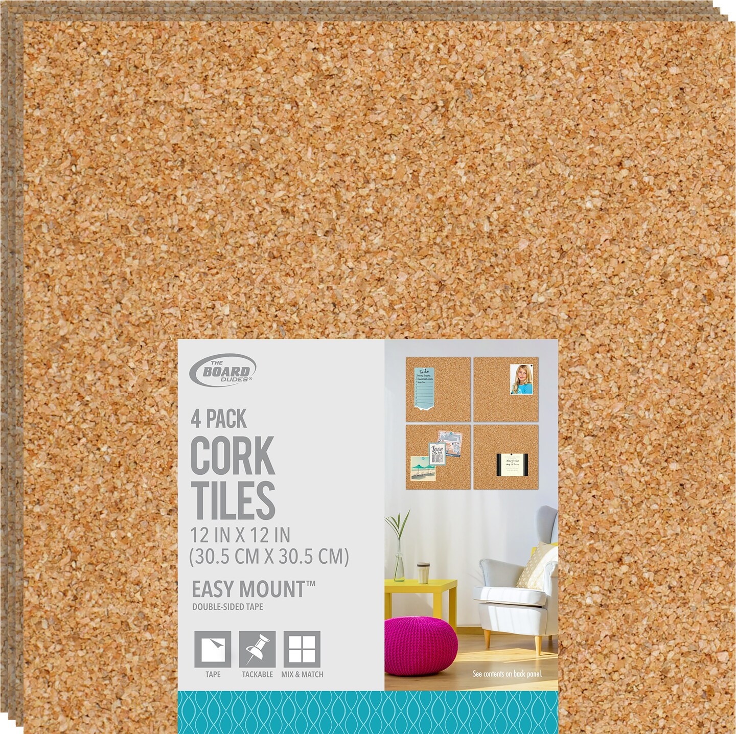 Board Dudes Cork Tile 12&#x22;X12&#x22; 4/Pkg-Light