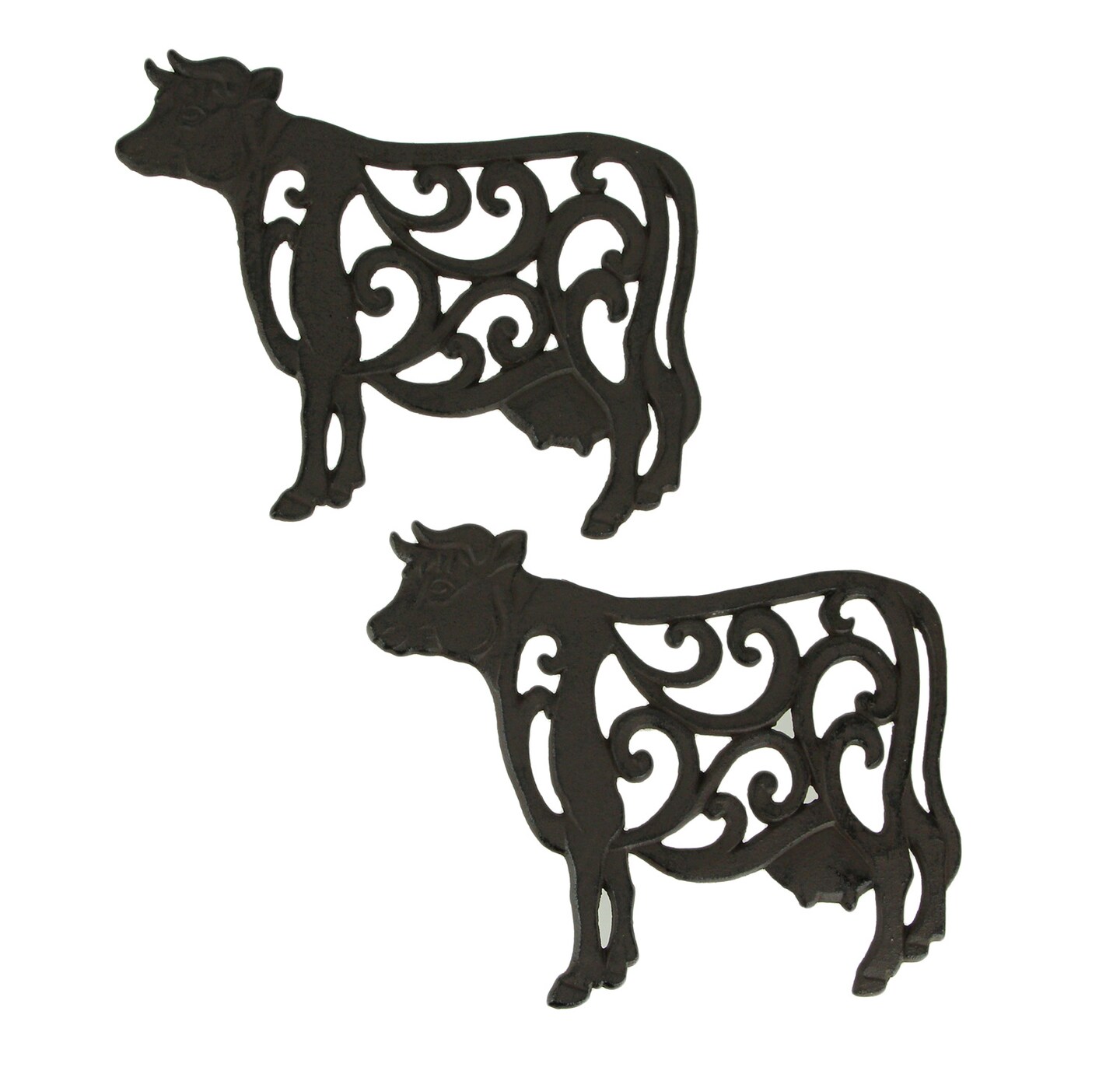Brown Cast Iron Cow Floral Scroll Trivets Set of 2