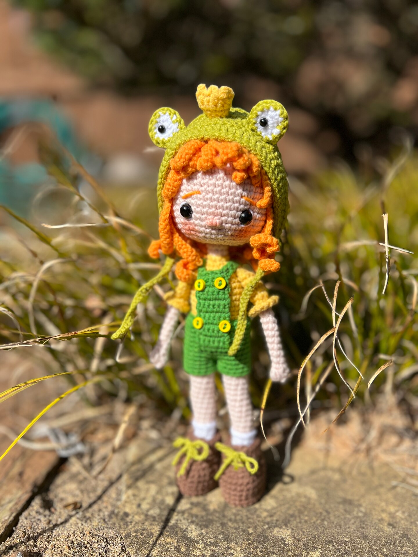 Tiny Girl With A Frog Hat Amigurumi Crochet Doll, Handmade Knitted