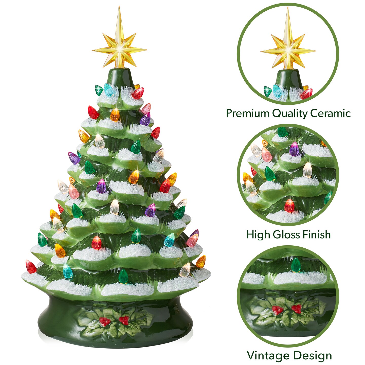 Casafield Hand Painted Ceramic Christmas Tree, Green Snow Flocked 15-Inch Pre-Lit Tree with 128 Multi-color Lights and 2 Star Toppers