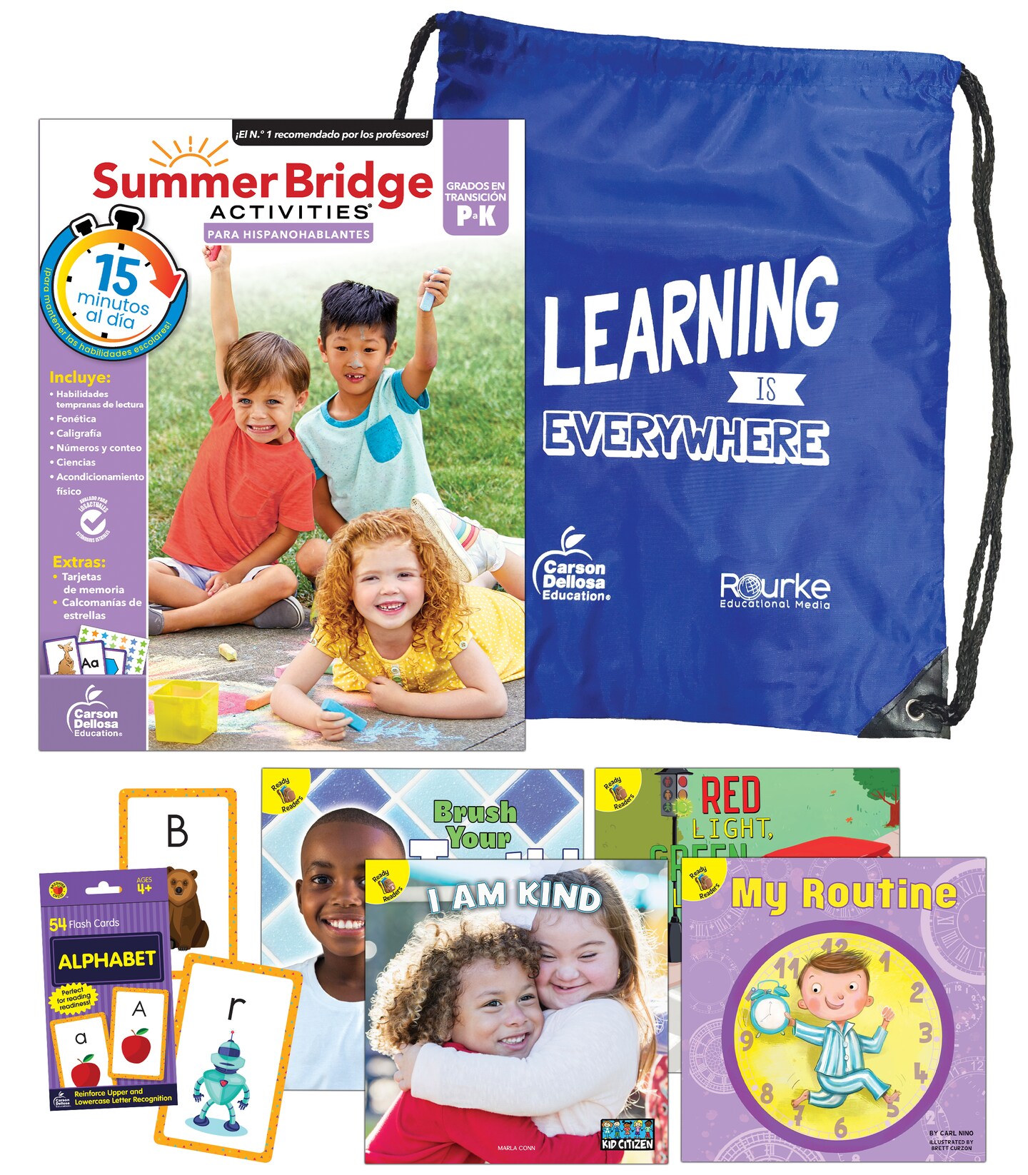 Summer Bridge Activities PreK-K Spanish Summer Learning Resources, Bundle, Ages 4-5, Spanish Language Preschool to Kindergarten Workbooks, Alphabet Flash Cards, 4 Children&#x27;s Books, and Drawstring Bag