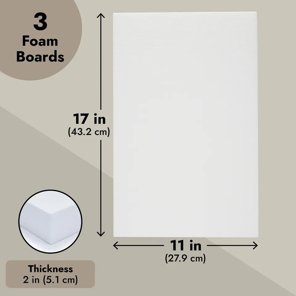 3 Pack Polystyrene Foam Blocks for Crafts Supplies, DIY Projects (17x11x2 In)