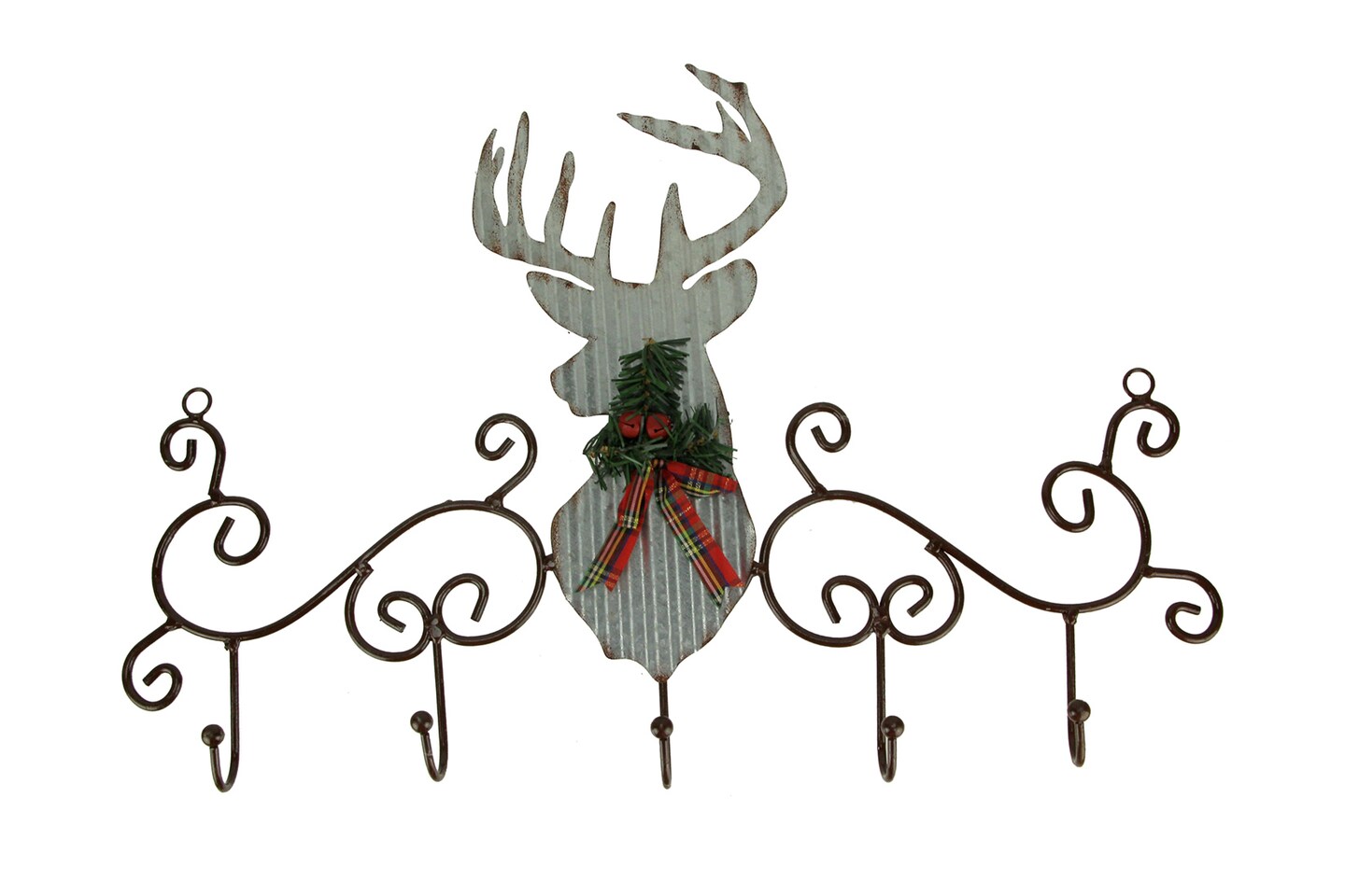Metal Art Scroll Rustic Deer with Pine and Bow Wall Hook Rack