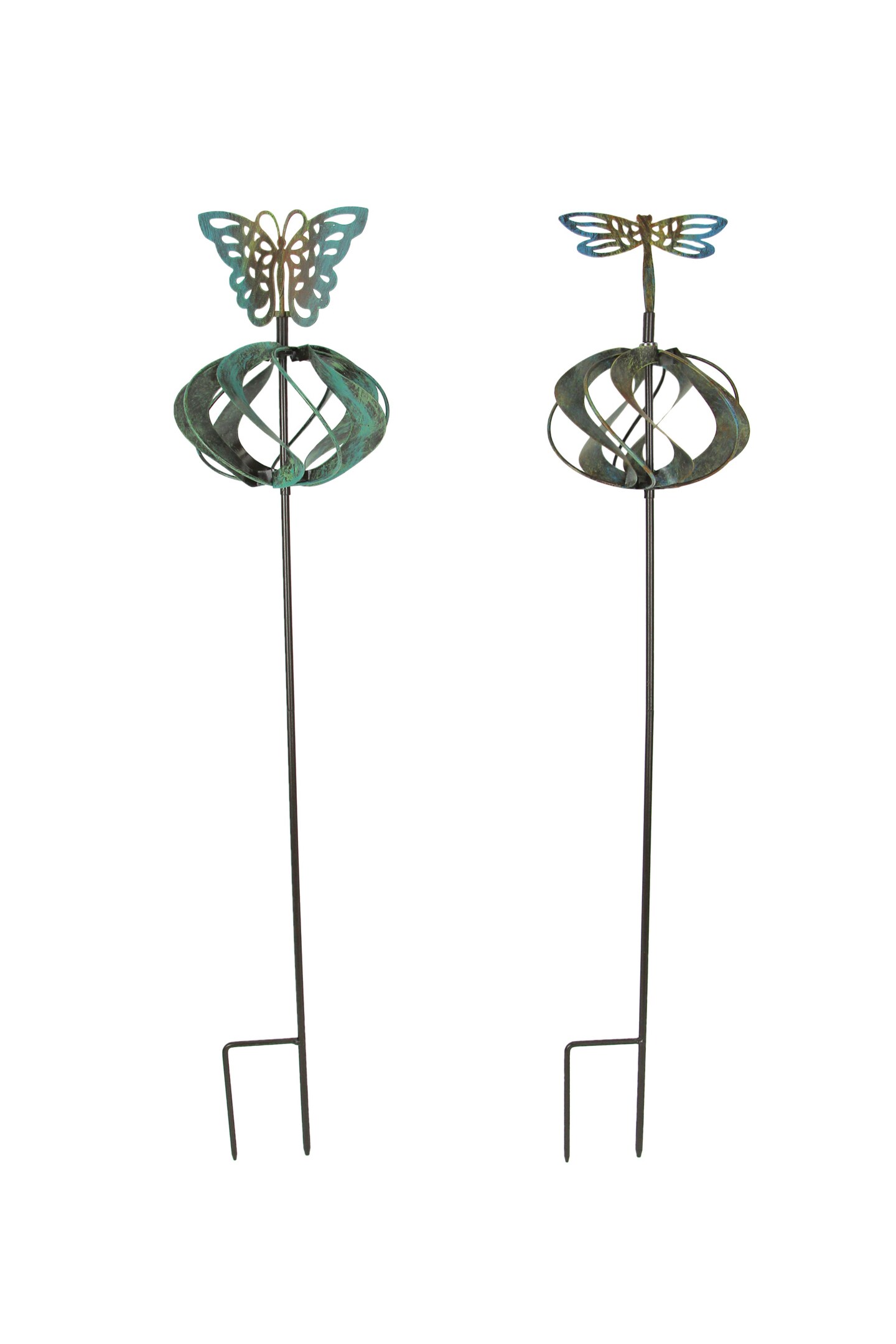 Set of 2 Metal Garden Stake Wind Spinners Kinetic Yard Butterfly Dragonfly