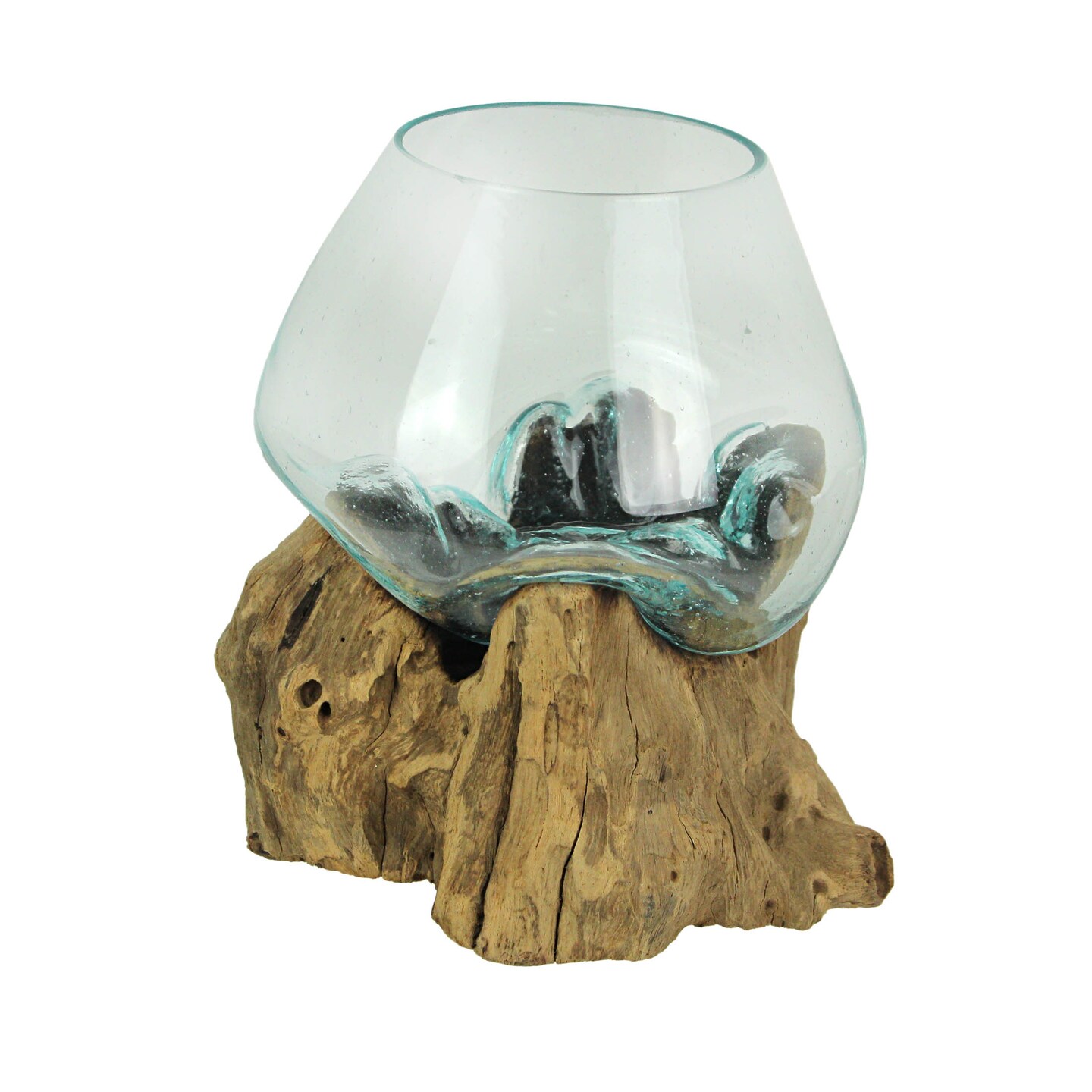 Melted Glass On Teak Driftwood Decorative Bowl/Vase/Terrarium Planter 6 Inch