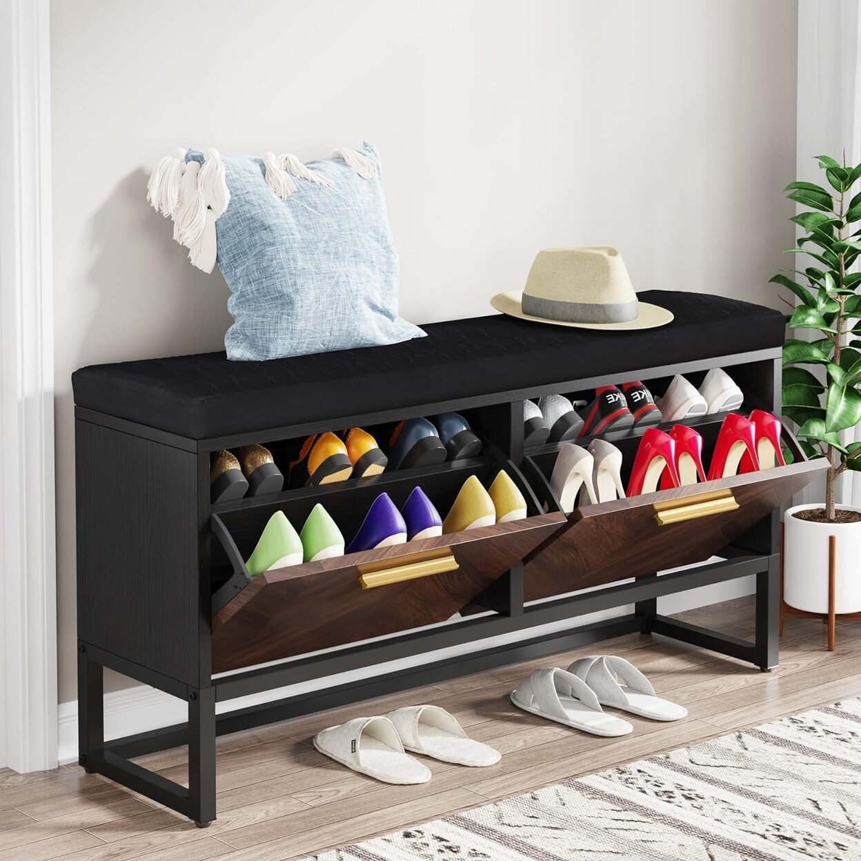 Tribesigns   Shoe Storage Bench with Seat Cushion Entryway Shoe Bench with 2 Flip Drawers Hallway Bench with Shoe Storage