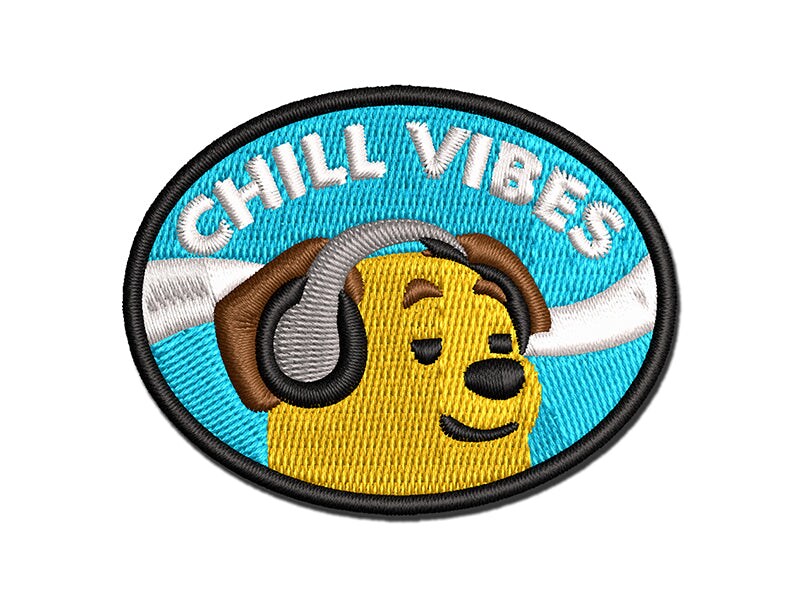 Chill Vibes Dog with Headphones Multi-Color Embroidered Iron-On or Hook ...