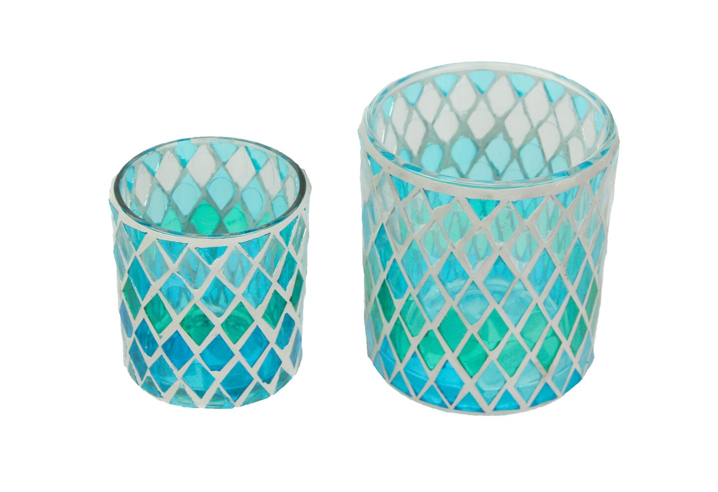 Set of 2 Coastal Blue / Green Mosaic Glass Candle Holders Beach Decor Accent