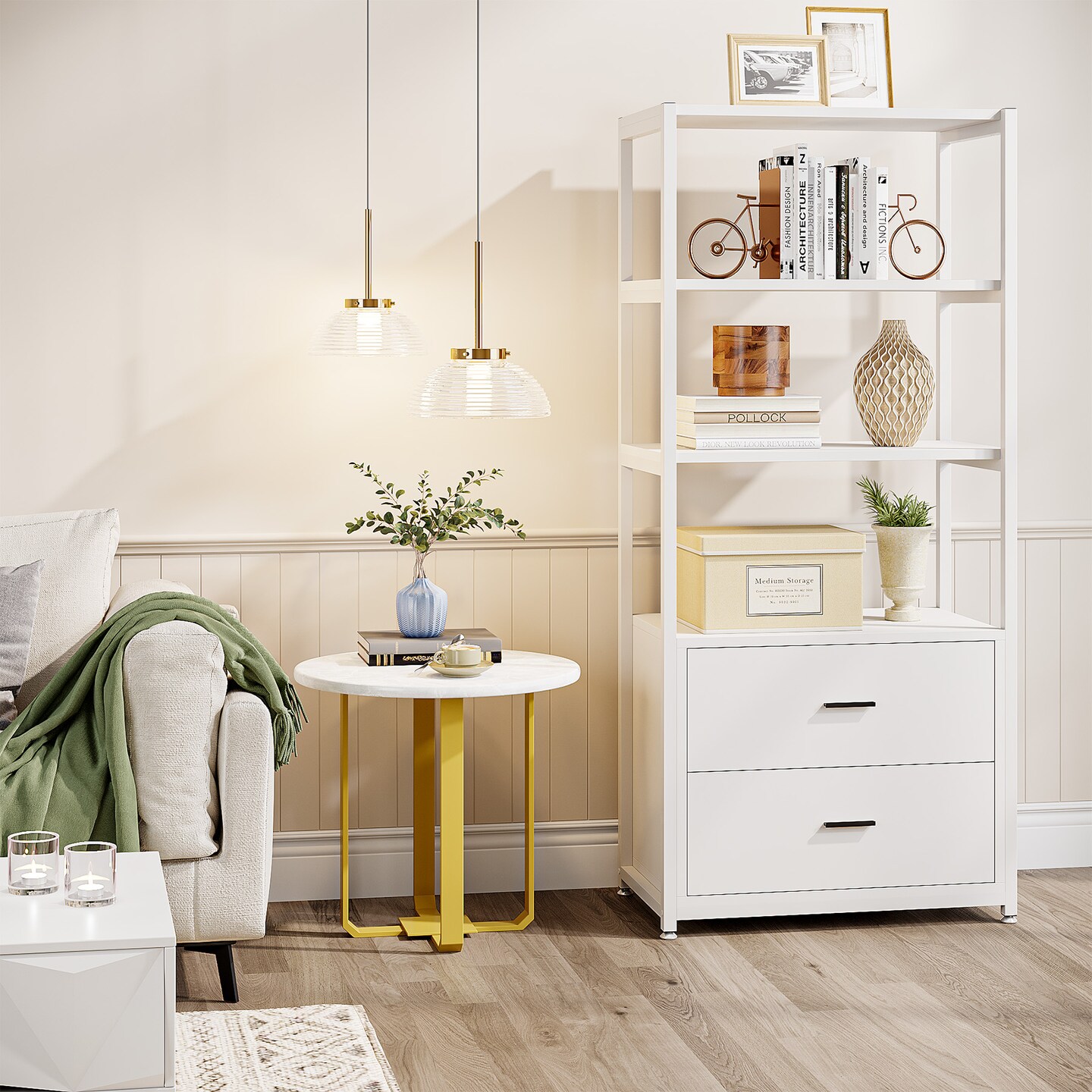 Tribesigns 4-Tier White Bookshelf With 2 Drawers Storage Unit Home Office 60&#x22;