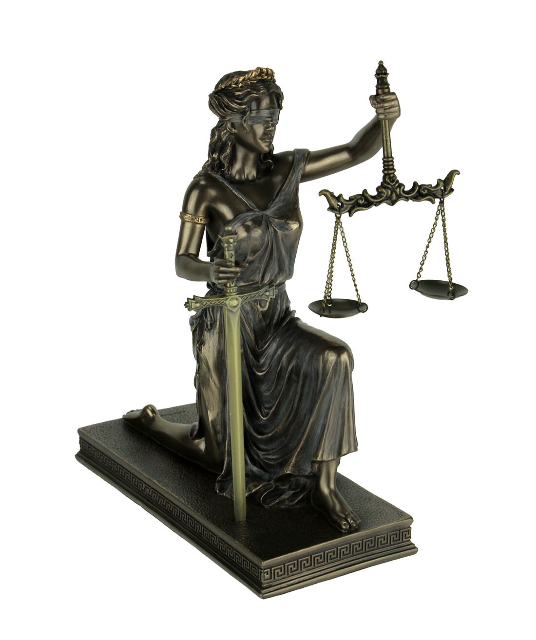 Bronze Finish Lady Justice Kneeling Holding Balance Scales and Sword Statue