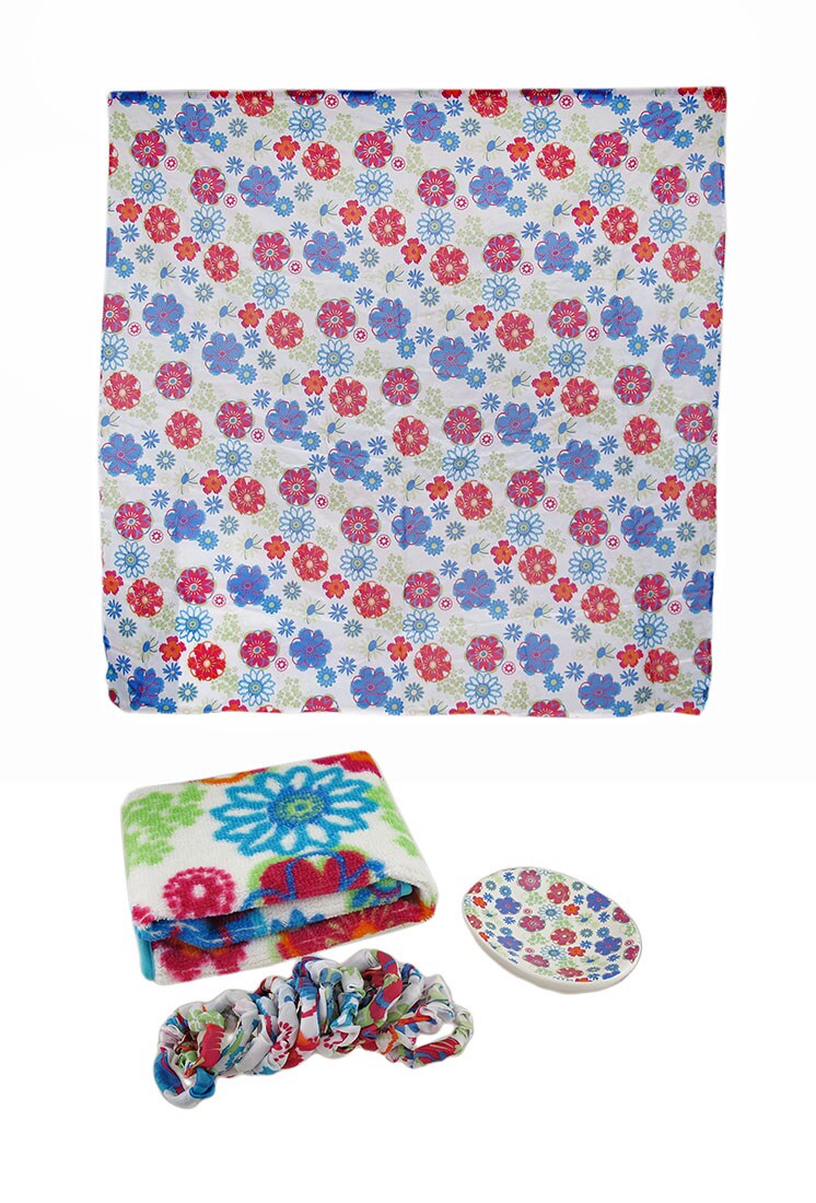 Coordinating Bath Rug, Soap Dish, Shower Curtain Set
