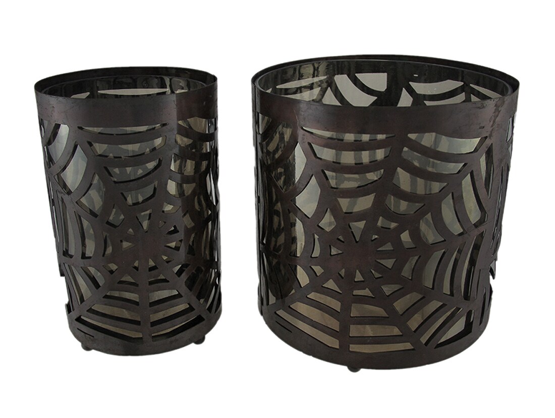 Set of 2 Metal &#x26; Glass Spiderweb Candle Holders