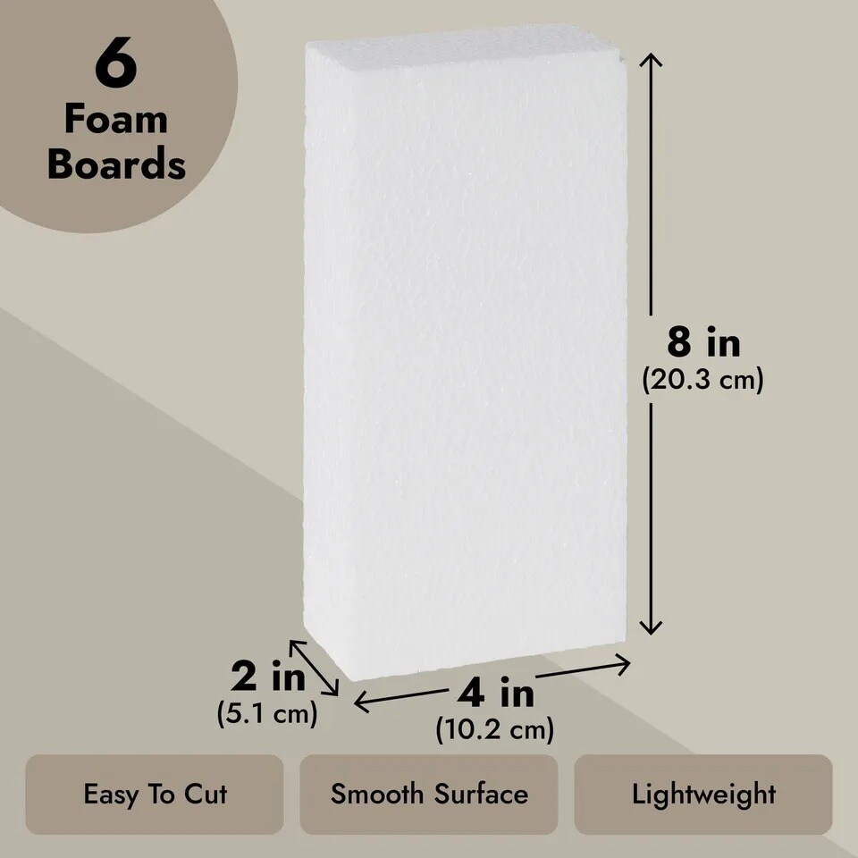6 Pack Polystyrene Foam Blocks for Crafts Supplies, DIY Projects (8 x 4 x 2 In)