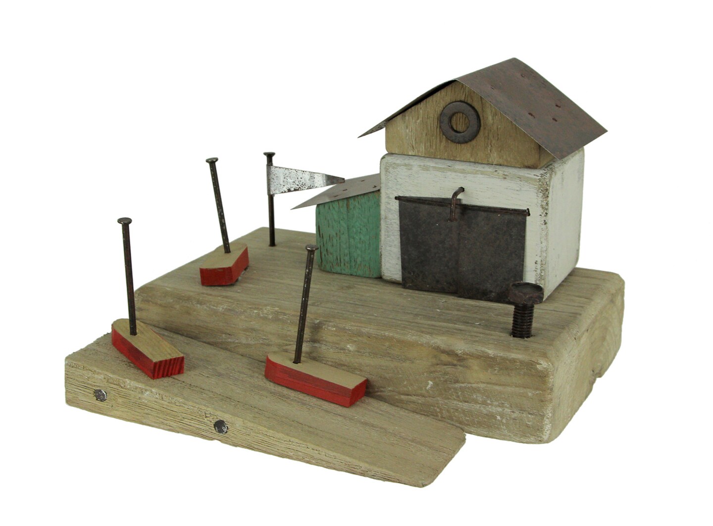 Hand Crafted Wood Art Boat House Coastal Decor Table Sculpture