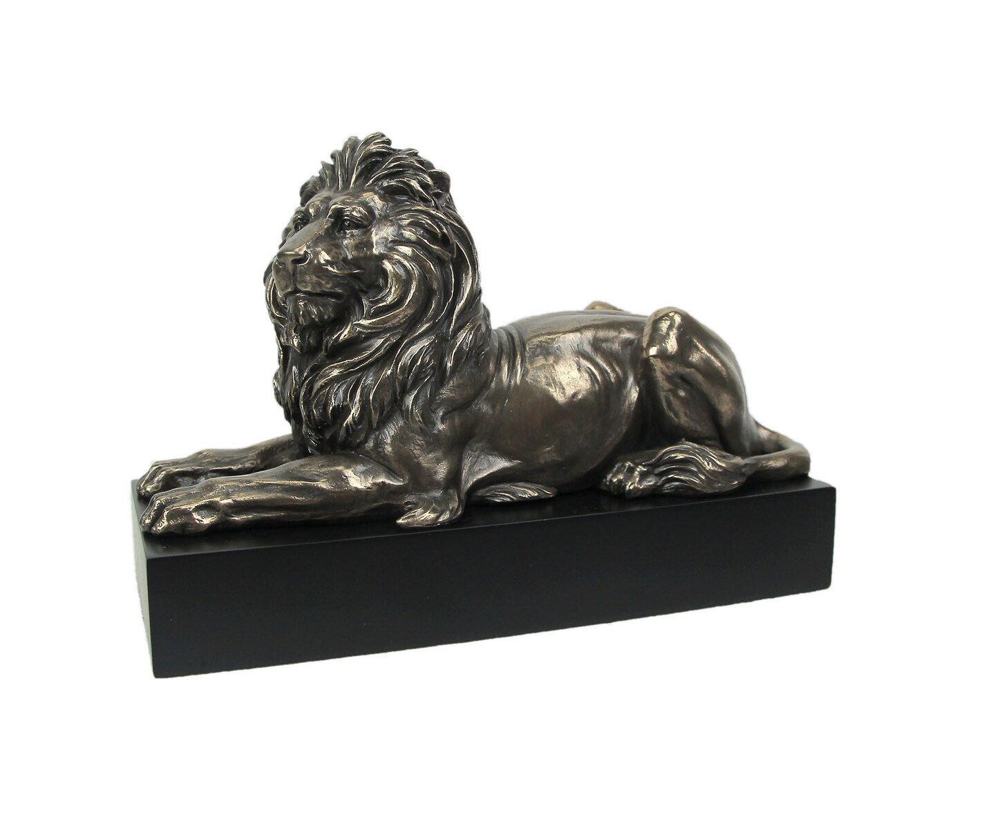 Metallic Bronze Finish Lion Lying on Plinth Tabletop Statue 8.75 Inches Long