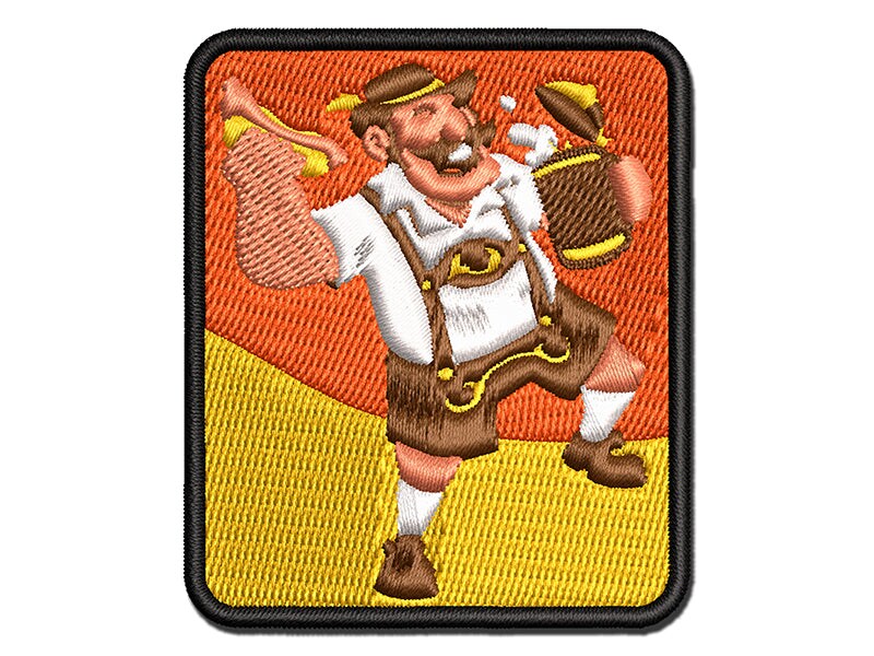 Jolly Bavarian Man in Lederhosen with Beer Stein and Sausage Multi-Color Embroidered Iron-On or Hook &#x26; Loop Patch Applique