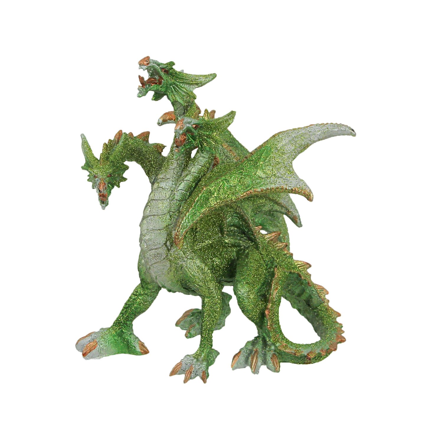 Glittery Metallic Green Three Headed Hydra Angry Dragon Statue 8 Inches High