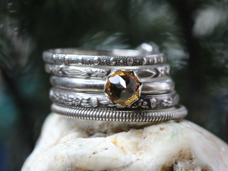 Silver Ring Stack * Genuine Citrine * Solid Sterling Silver* Set of 5 Rings * November Birthstone Ring * Minimalist Ring Set  *  Any Size