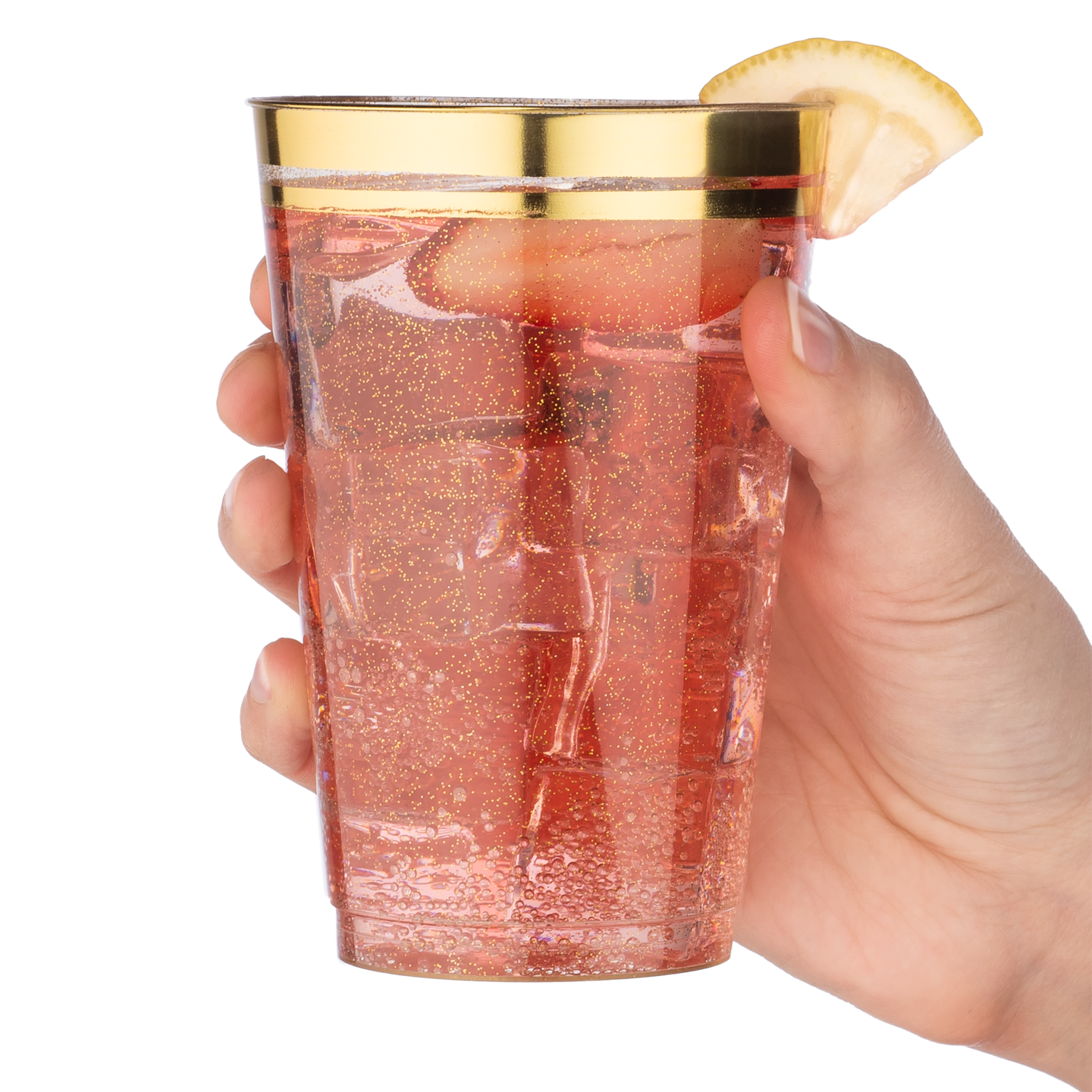 100ct. Cups Glitter-Gold Rim Plastic Disposable Glasses, Elegant Parties, Special Events, Weddings 12, 14, or 16 oz.