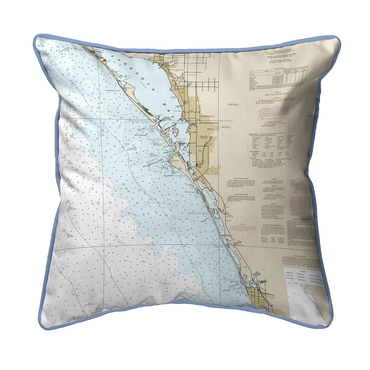 Venice, FL Nautical Map Pillow 22x22 &#x2013; Extra Large Zippered
