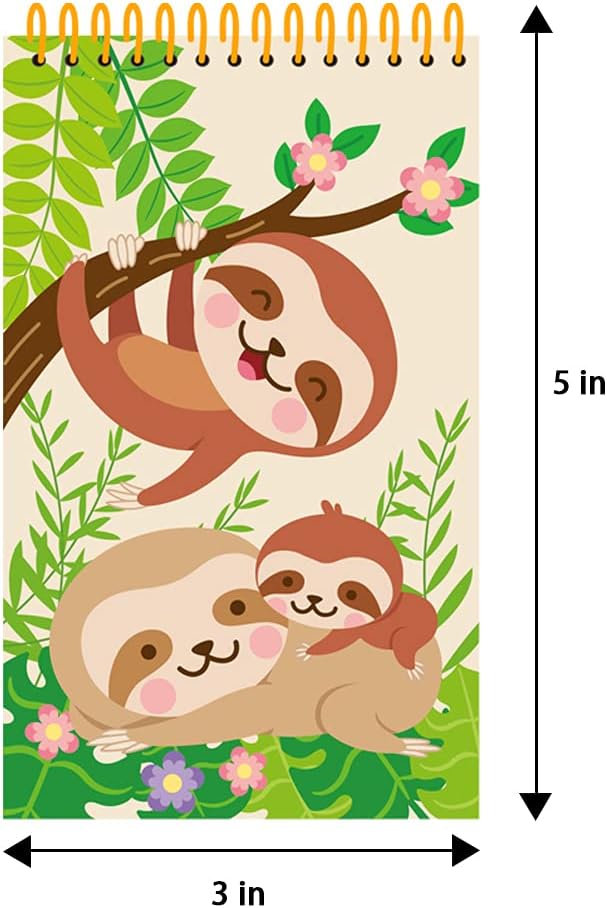 TINYMILLS Sloth Birthday Party Favor Set (12 multi-point pencils, 12 self-inking stampers, 12 sticker sheets, 12 small spiral notepads) Sloth Party Favor