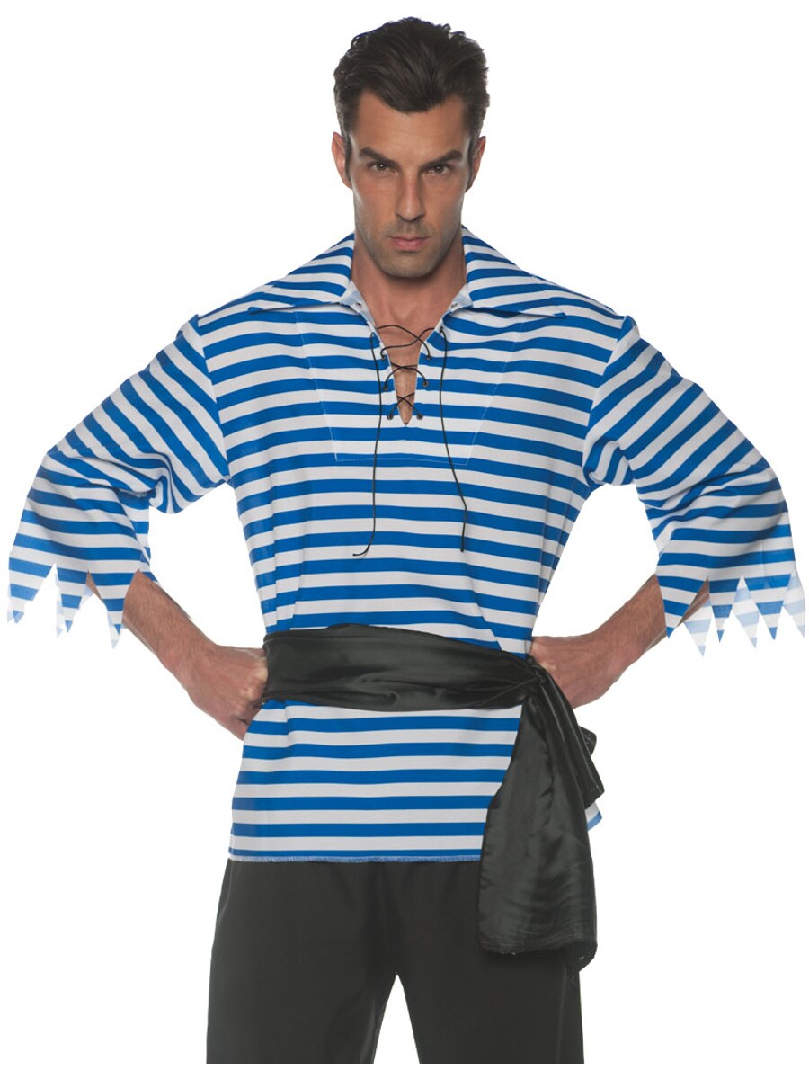 Men&#x27;s Blue And White Striped Pirate Costume Shirt