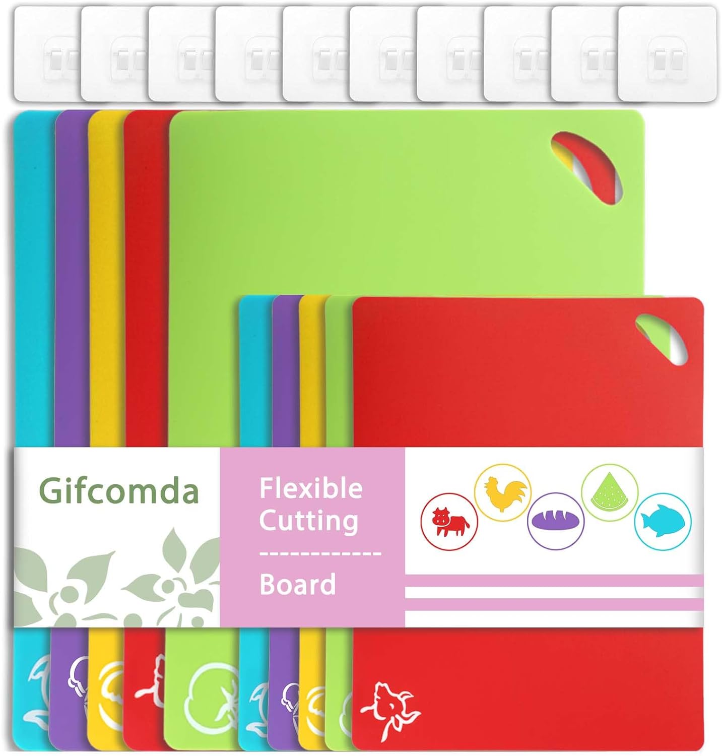 Multi-Color Flexible Cutting Board &#x26; Hooks 10 Piece Set