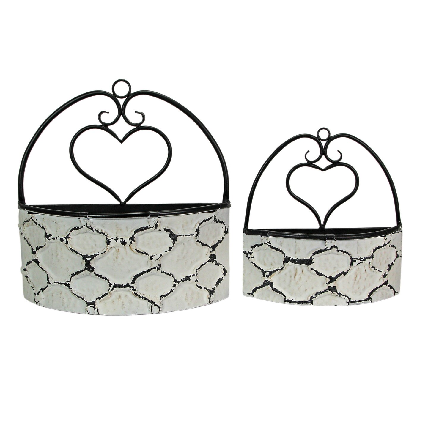 Large &#x26; Small Galvanized Metal Rustic White Wall Pocket Planters Heart Hanging Decor Set of 2