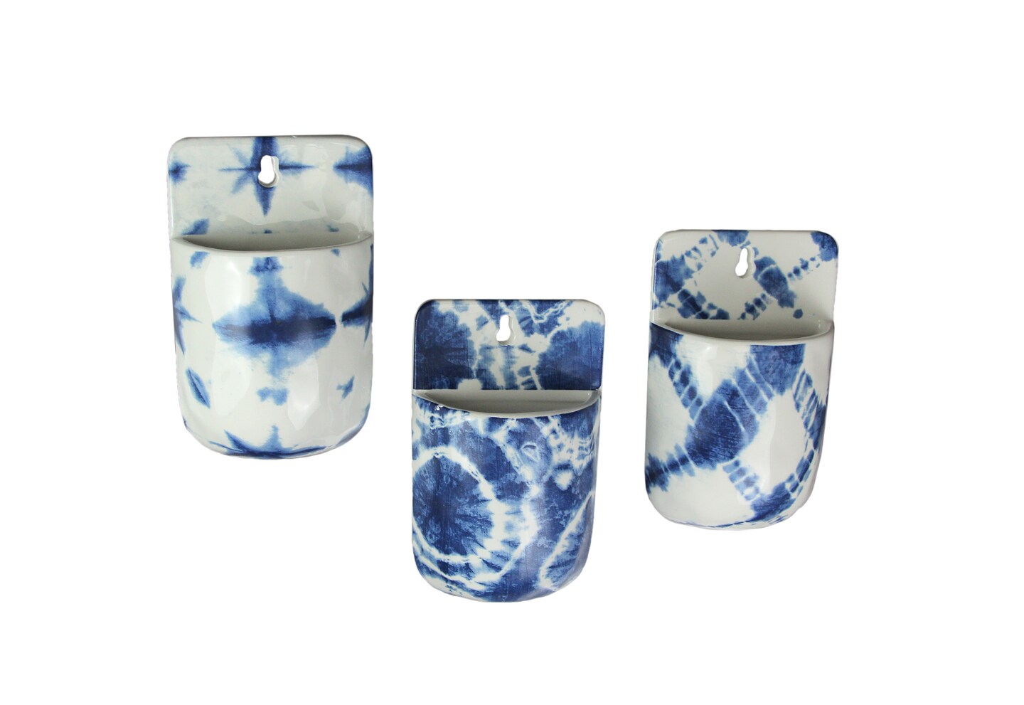 Set of 3 Blue and White Shibori Style Dyed Ceramic Wall Pocket Hangings