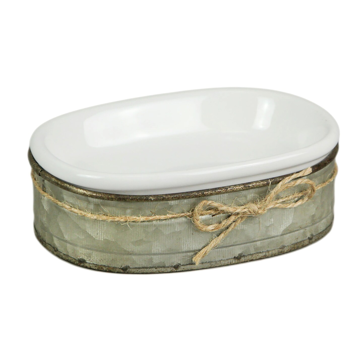 White Ceramic Soap Dish With Galvanized Zinc Finish Tray