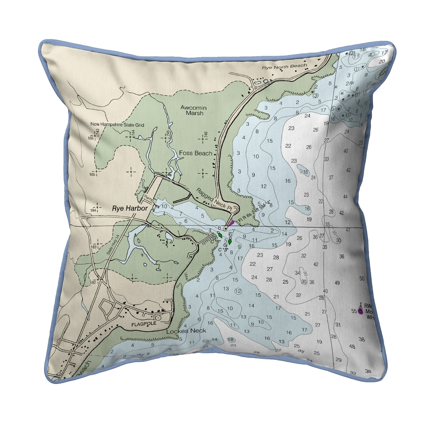 Betsy Drake Rye Harbor, NH Nautical Map Large Corded Indoor/Outdoor Pillow 18x18