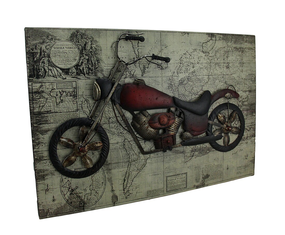 World of Adventure Vintage V-Twin Motorcycle Sculpture On Wood Map Wall Hanging