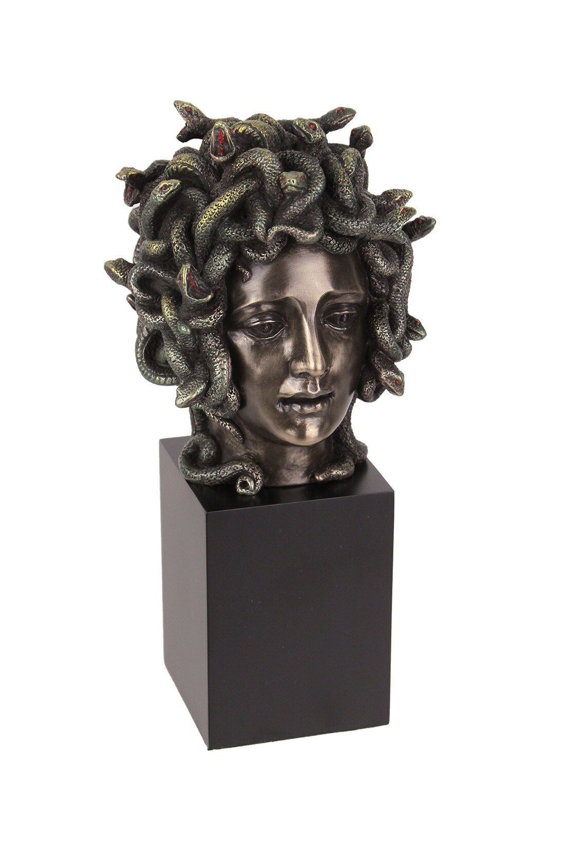 Cast Bronze Resin Medusa Head Figure on Plinth Bust Sculpture Painted Accent Art