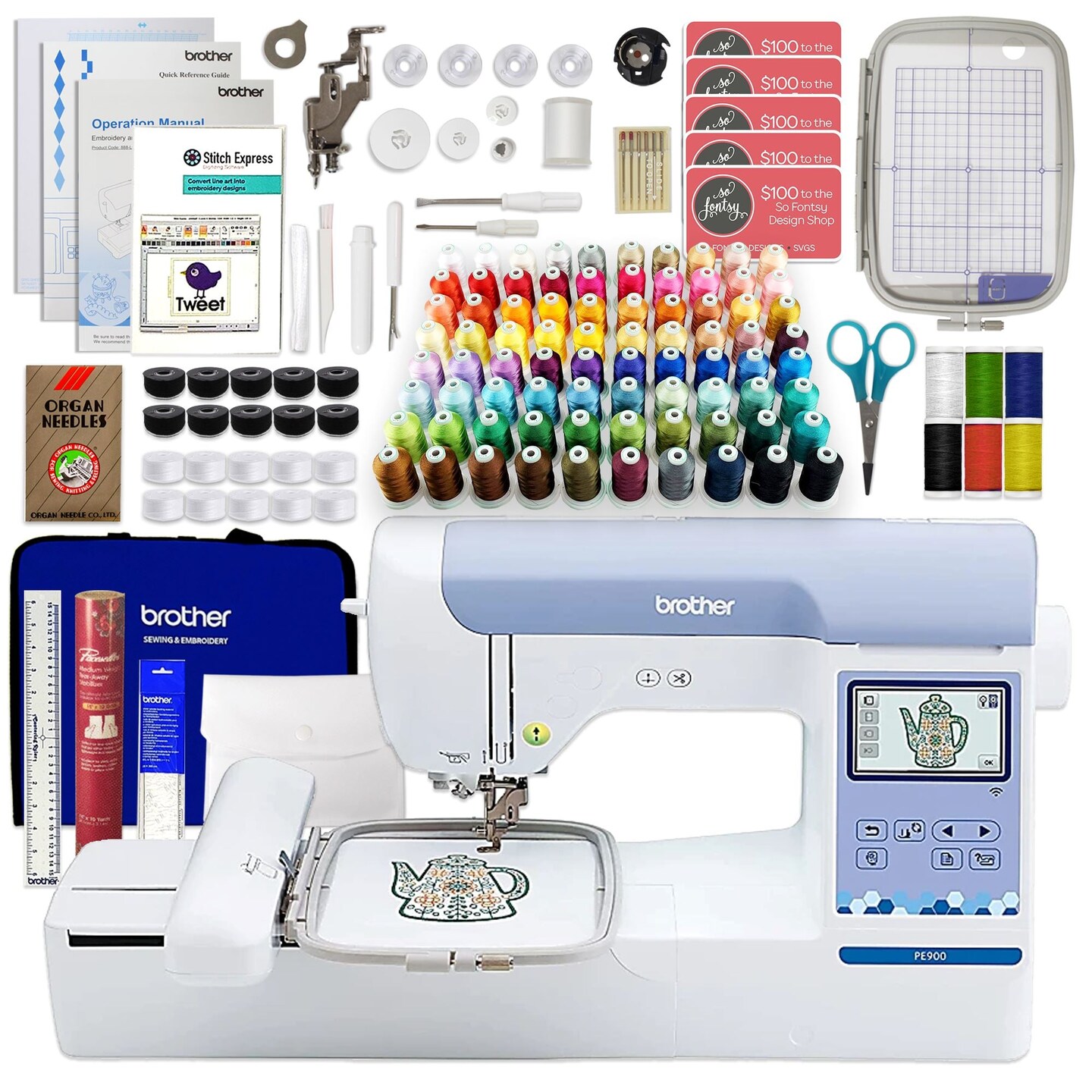 Brother PE900 5&#x22; x 7&#x22; Embroidery Machine w/ Embroidery Kit &#x26; Digitizing Bundle