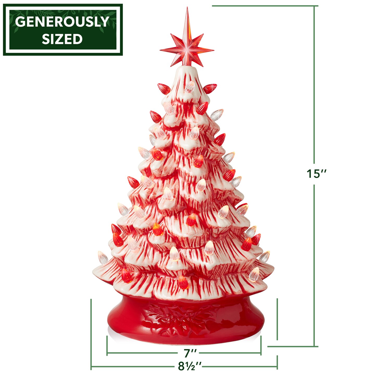 Casafield Hand Painted Ceramic Christmas Tree, Red and White Peppermint 15-Inch Pre-Lit Tree with 128 Red and Clear Lights and 2 Star Toppers