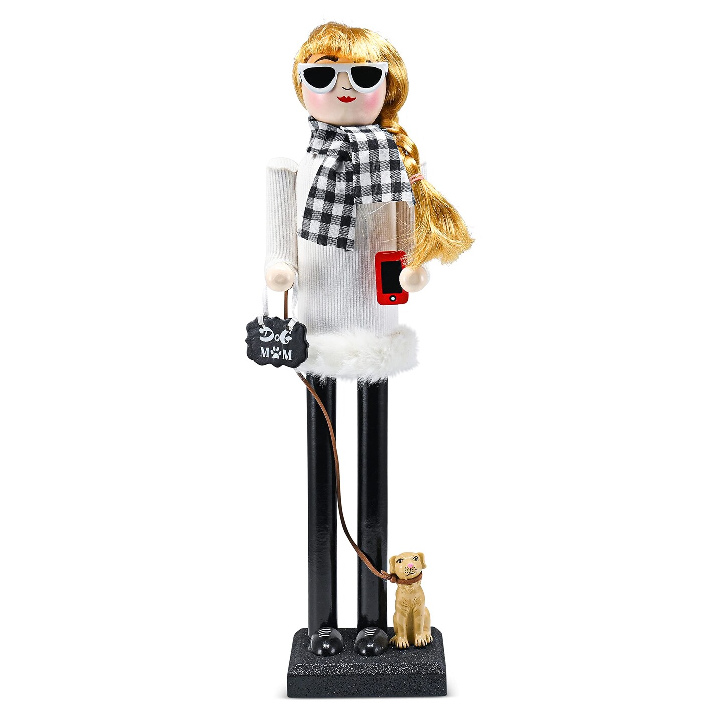 Ornativity Christmas Dog Mom Nutcracker – White and Black Wooden Nutcracker Woman with Dog on Leash and a Smartphone in Hand Xmas Themed Holiday Nut Cracker Doll Figure Decorations