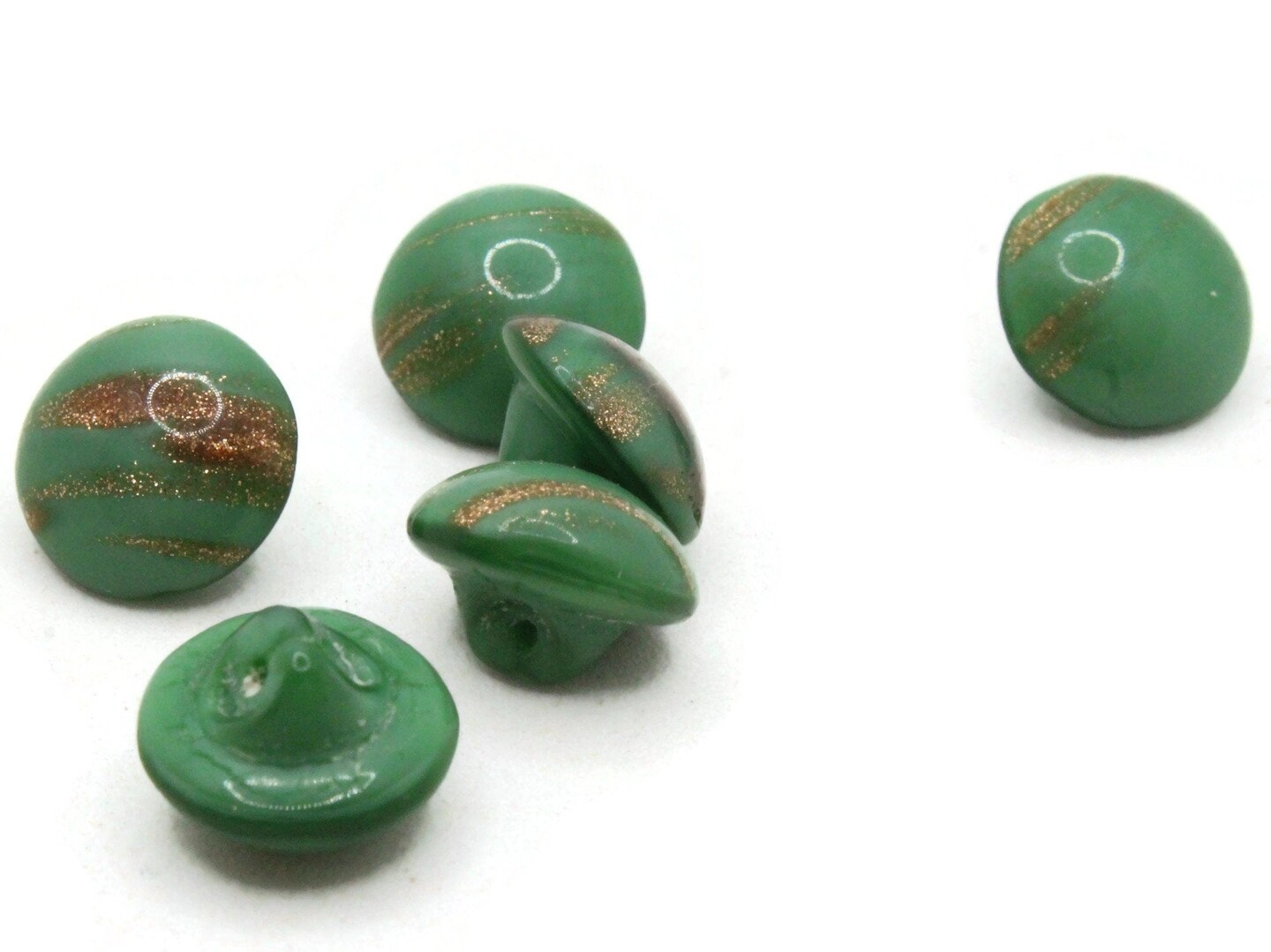 6 11mm Vintage Green and Gold Glass Shank Buttons Sewing Notions