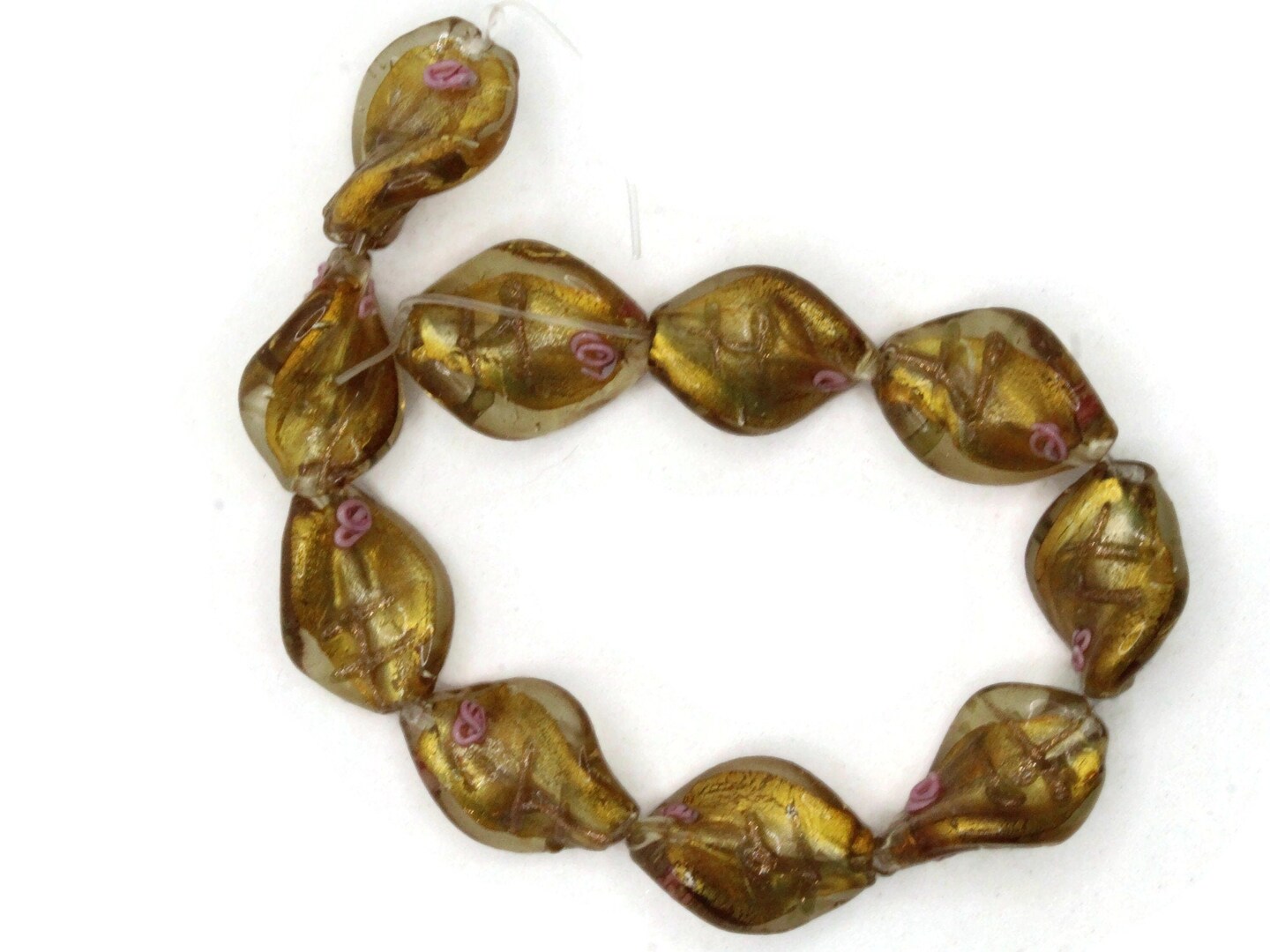 10 20mm Golden Yellow with Pink and Green Flower Lampwork Glass Flat Oval Twist Beads