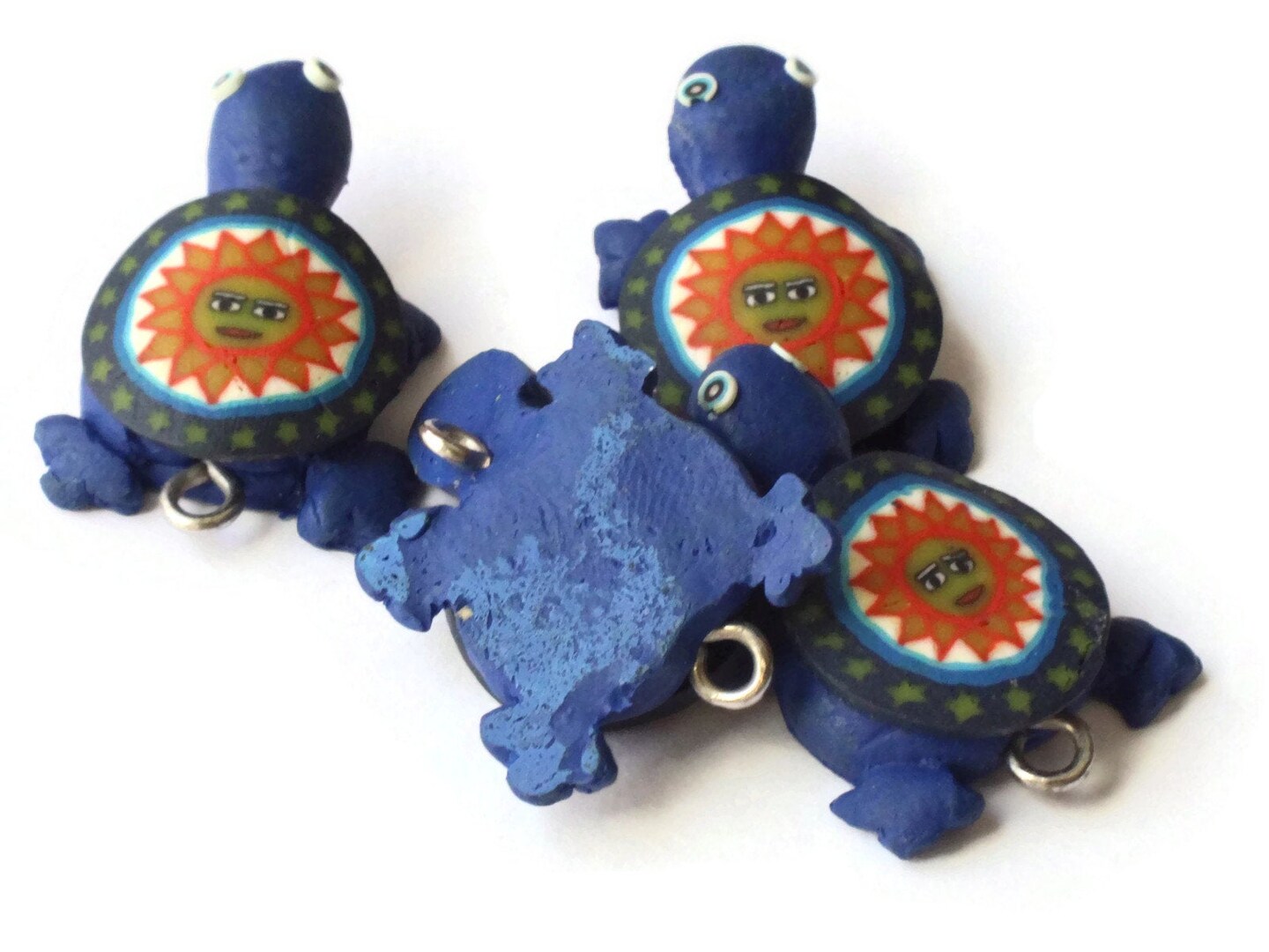 4 Blue Turtles with Sun on the Shell Turtle Charms Tortoise Links Polymer Clay Turtle Beads