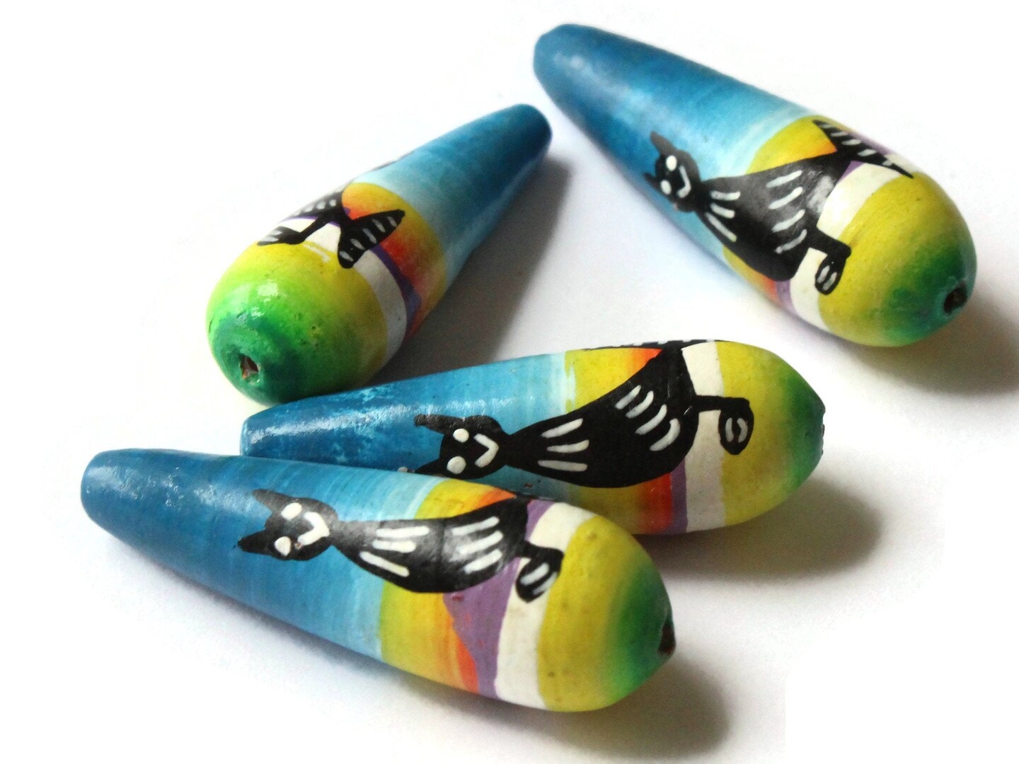 5 32mm Vintage Painted Peruvian Clay Beads - Multicolor Teardrop Bird Beads