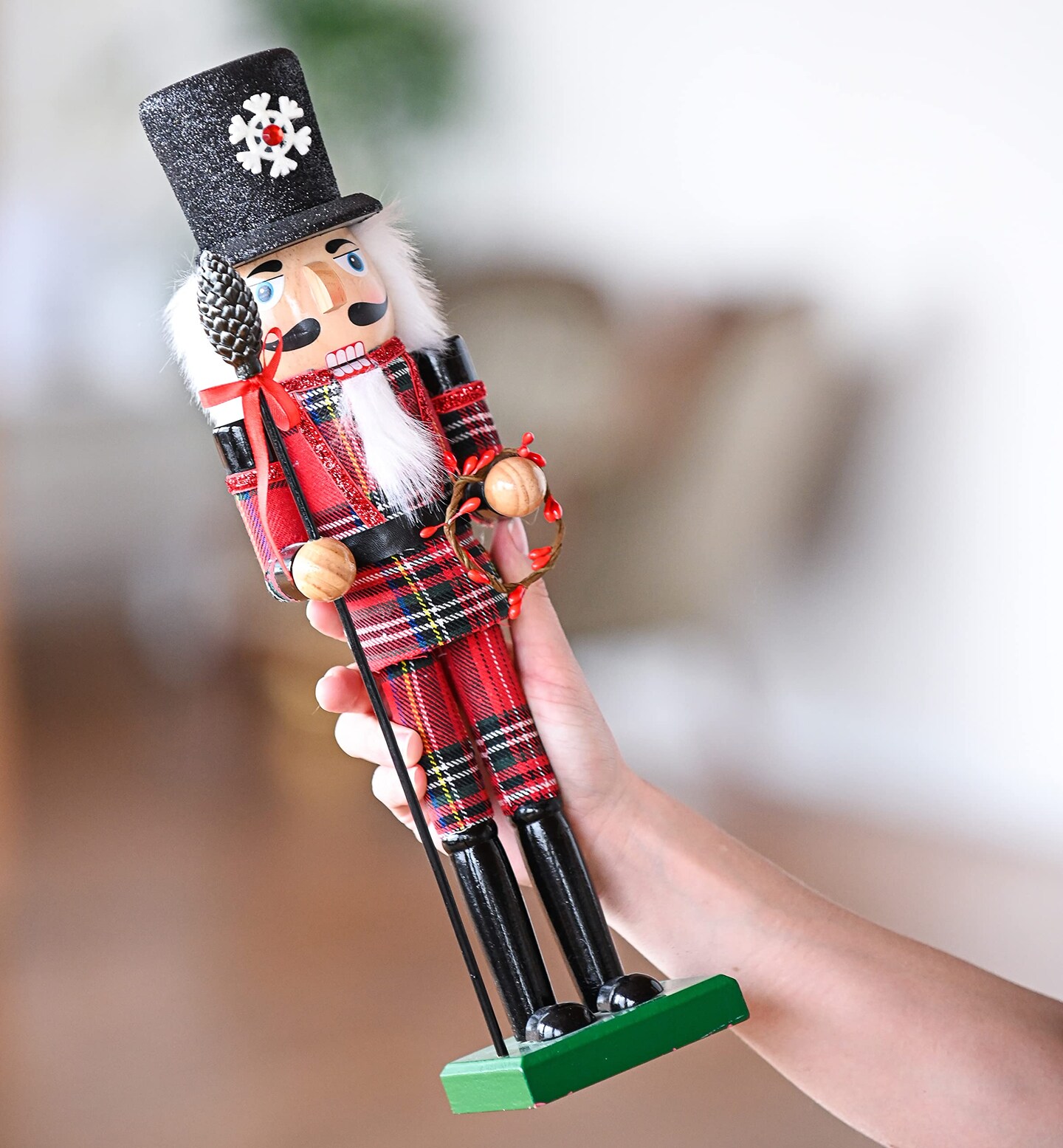 Ornativity Christmas Buffalo Plaid Nutcracker &#x2013; Red and Black Wooden Nutcracker Soldier with an Acorn Staff and Holly Berries Wreath Xmas Themed Holiday Nut Cracker Doll Figure Decorations